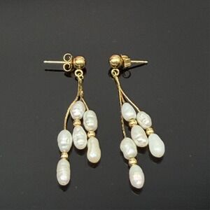 14K Yellow Gold Freshwater RIce Pearl Dangle Drop 3 Strand Chandelier Earrings